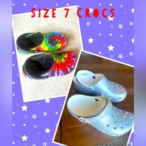 2 pairs of size 7 Crocs. Silver glitter & rainbow with fur interior